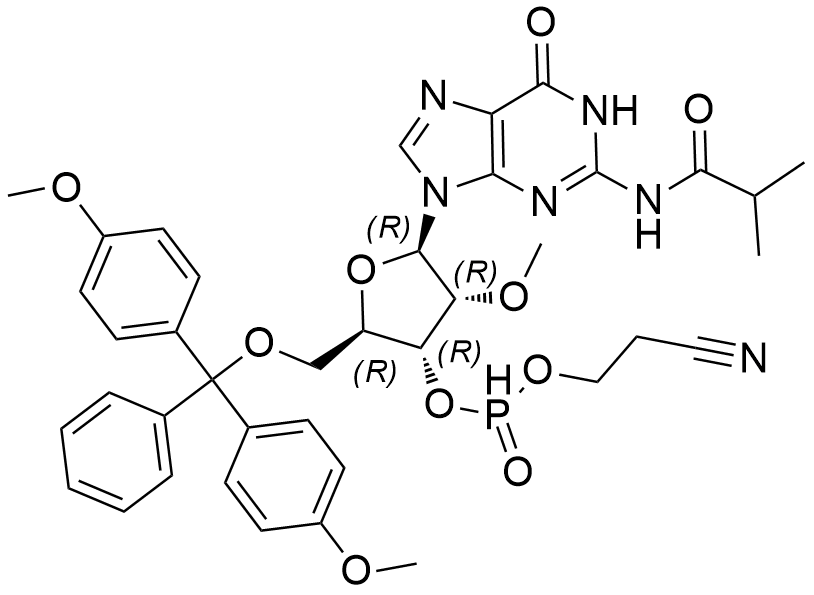 (2R,3R,4R,5R)-2-((bis(4-methoxyphenyl)(phenyl)methoxy)methyl)-5-(2-isobutyramido-6-oxo-1H-purin-9(6H)-yl)-4-methoxytetrahydrofuran-3-yl (2-cyanoethyl) phosphonate